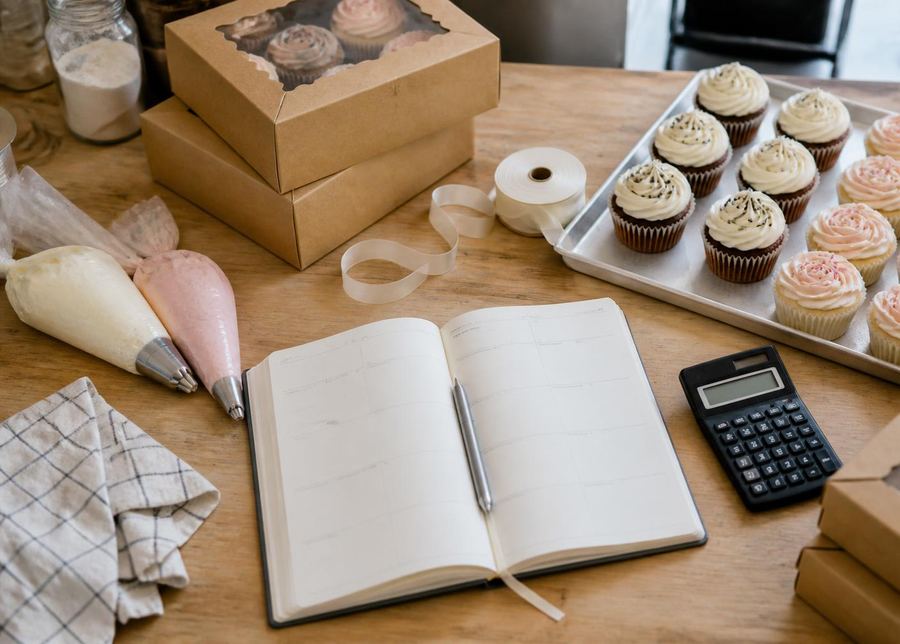 Bancada de confeitaria com agenda, calculadora, embalagens e cupcakes