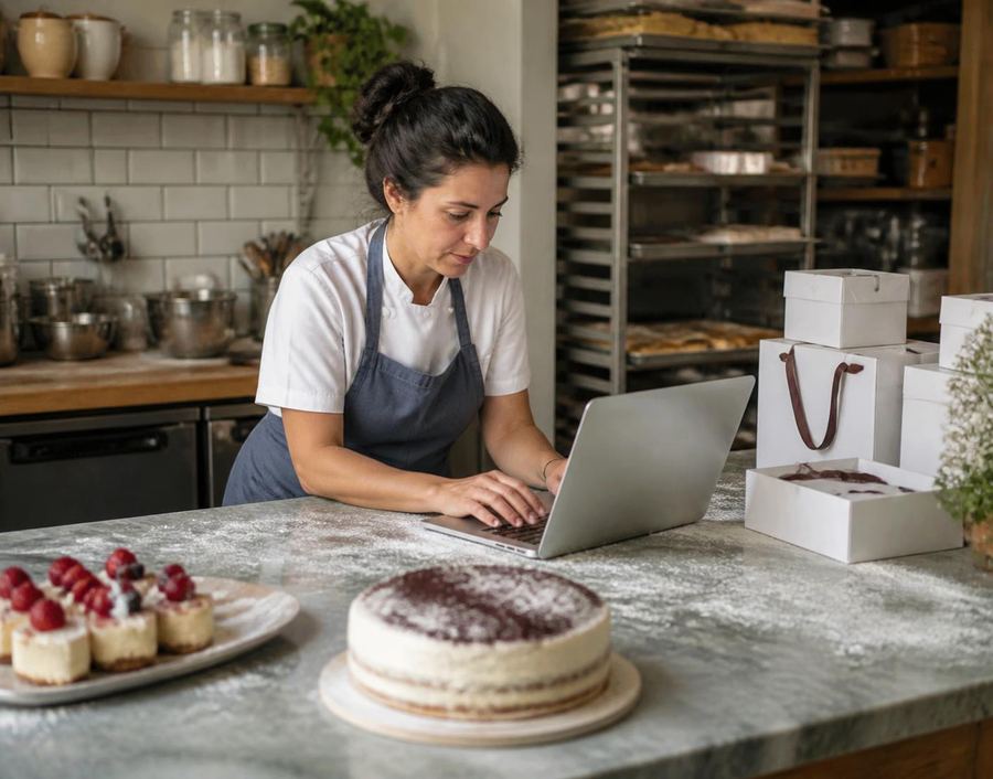 Confeiteira acompanhando pedidos no notebook dentro da própria produção